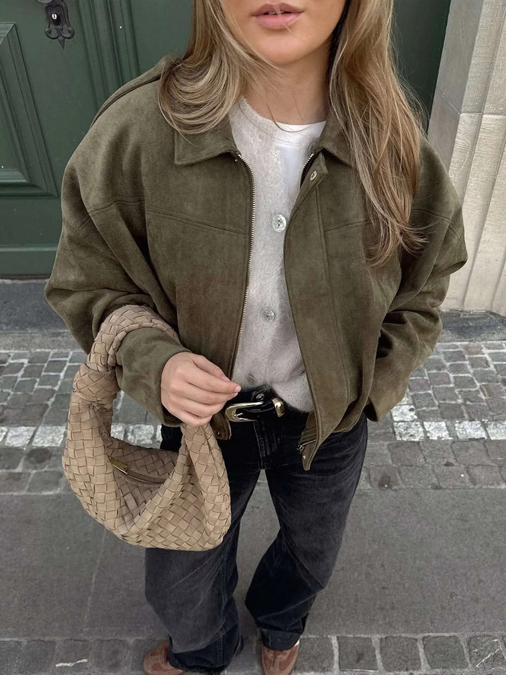 Oriane | Faux Suede Leather Fur Bomber Jacket For Women