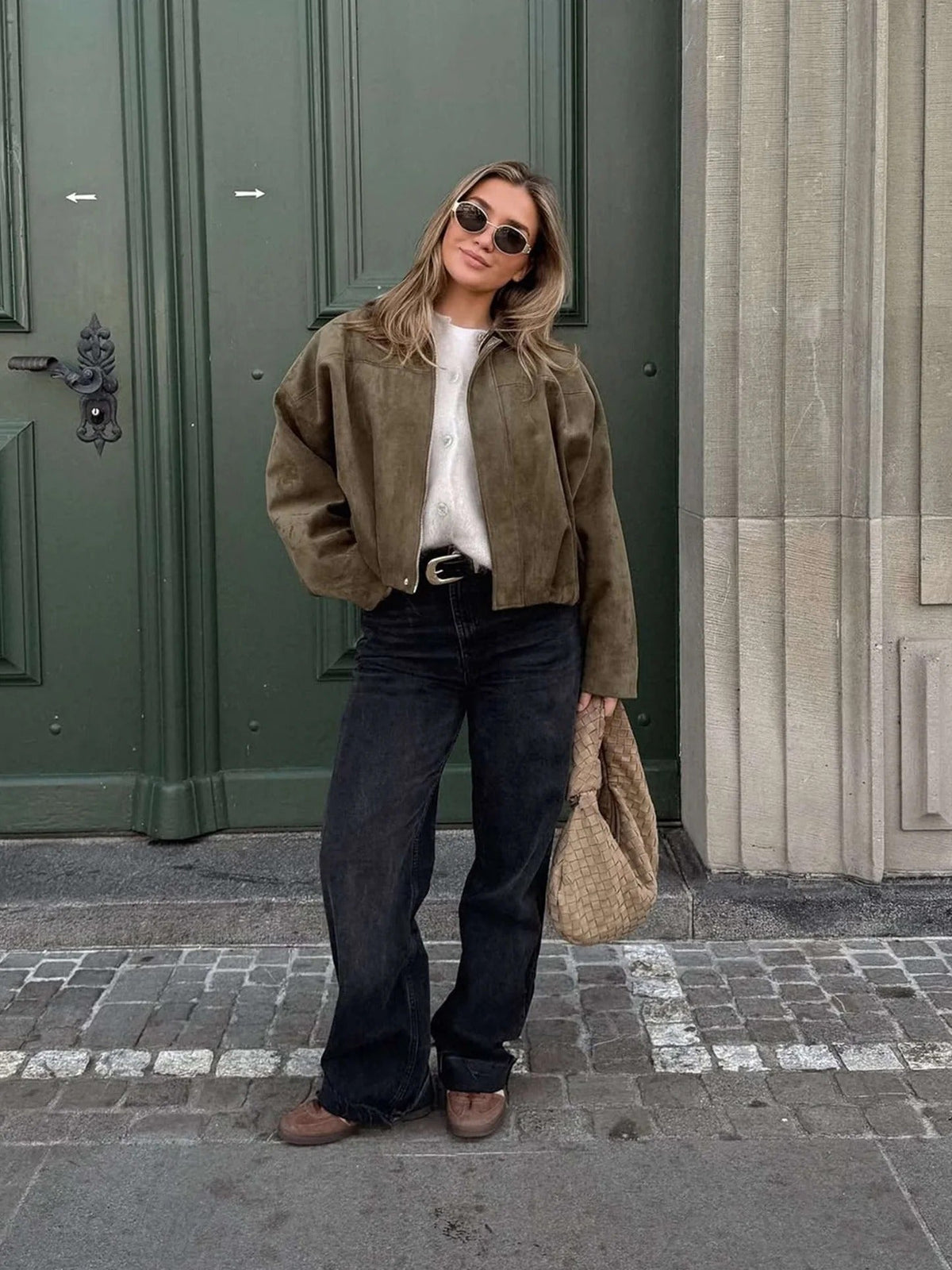Oriane | Faux Suede Leather Fur Bomber Jacket For Women