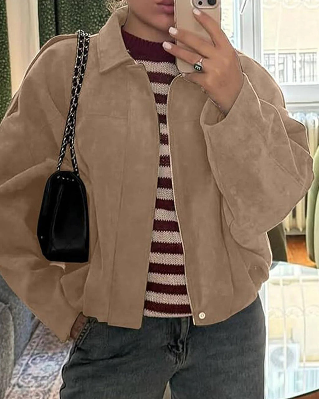 Oriane | Faux Suede Leather Fur Bomber Jacket For Women
