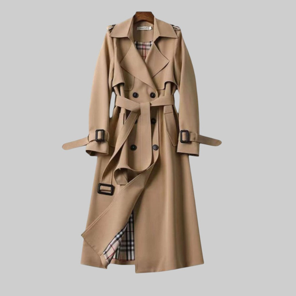 Arabella | Women Double Breasted Belted Long Trench Coat — Beige
