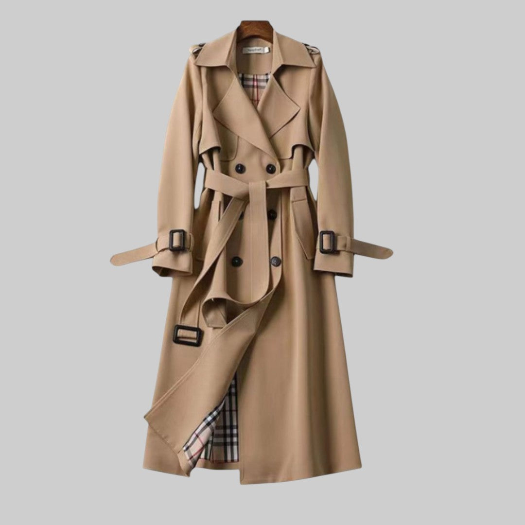 Arabella | Women Double Breasted Belted Long Trench Coat — Beige
