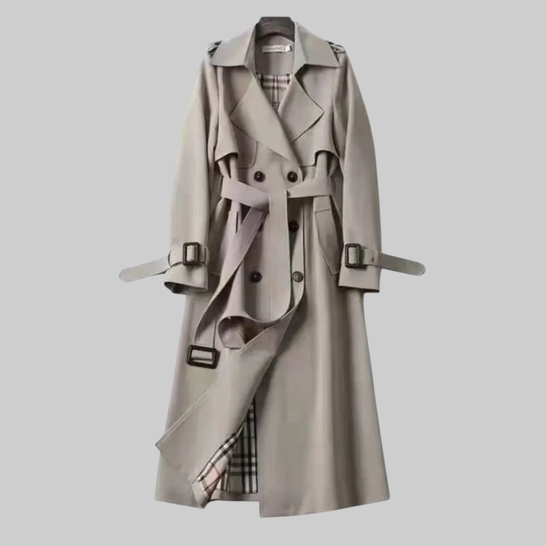 Arabella | Women Double Breasted Belted Long Trench Coat — Gray