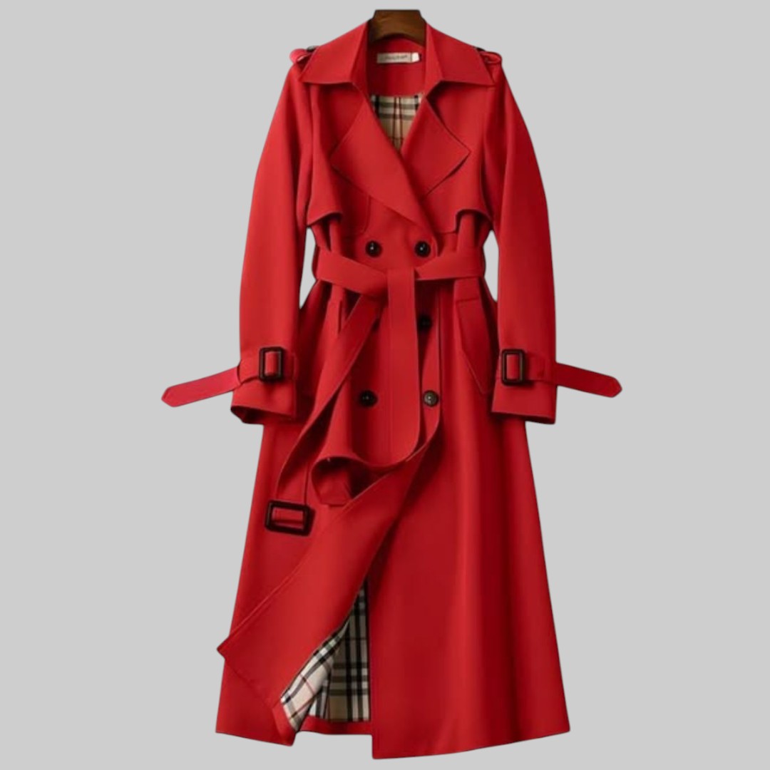 Arabella | Women Double Breasted Belted Long Trench Coat — Red