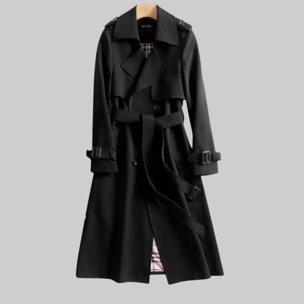 Arabella | Women Double Breasted Belted Long Trench Coat — Black