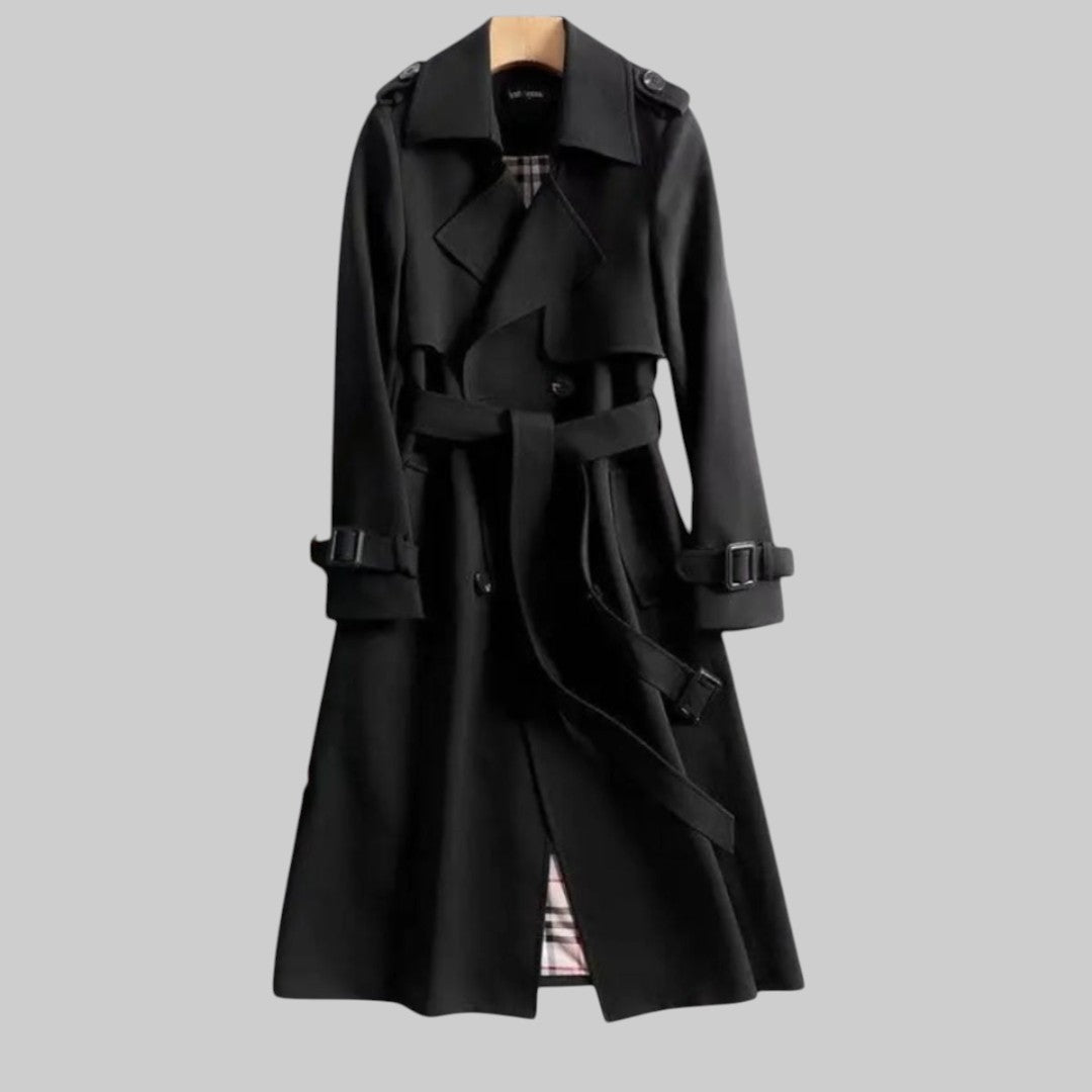 Arabella | Women Double Breasted Belted Long Trench Coat — Black