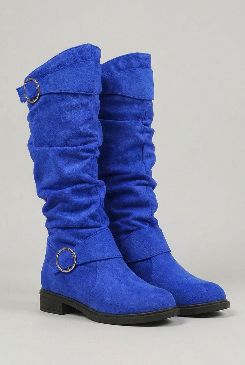 Giselle | Chunky Block Heel Knee High Black Leather Boots — Blue