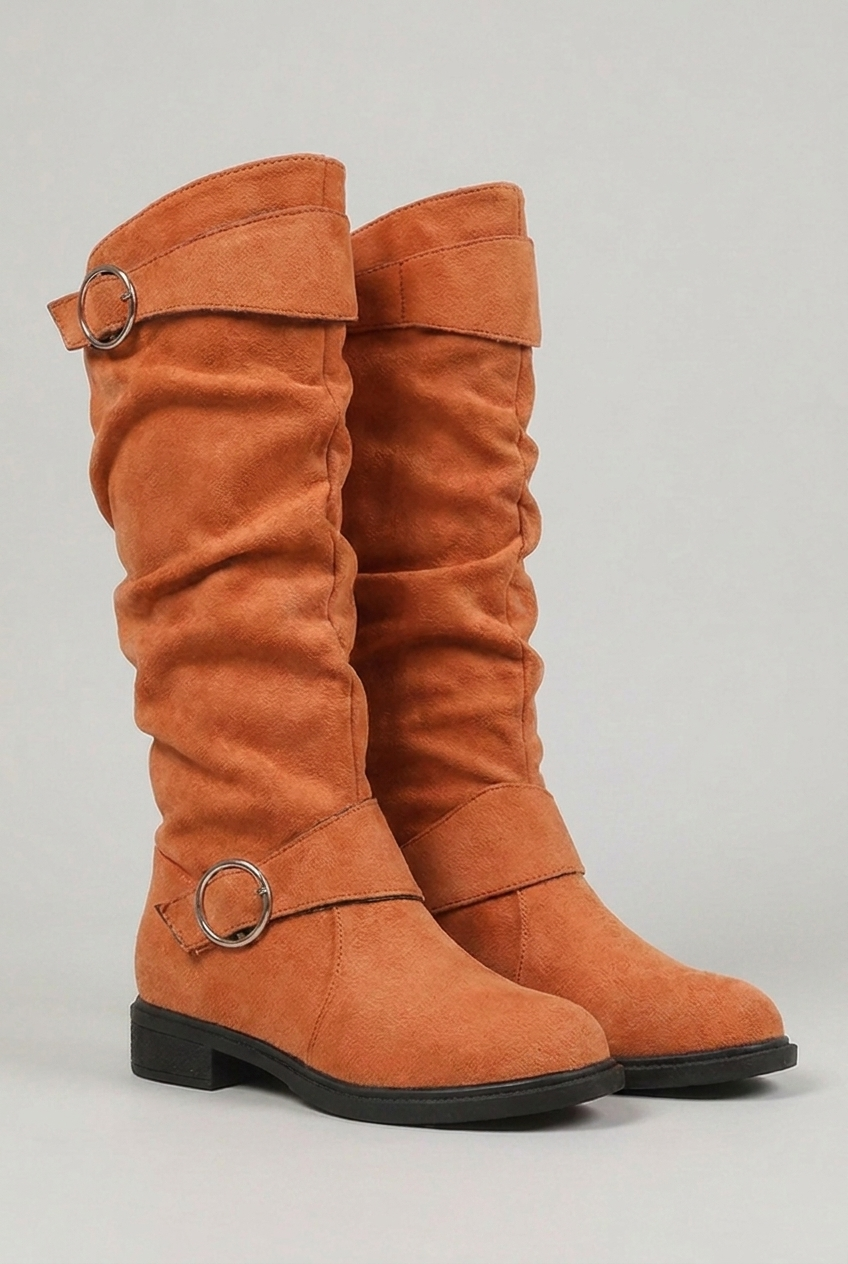 Giselle | Chunky Block Heel Knee High Black Leather Boots — Orange