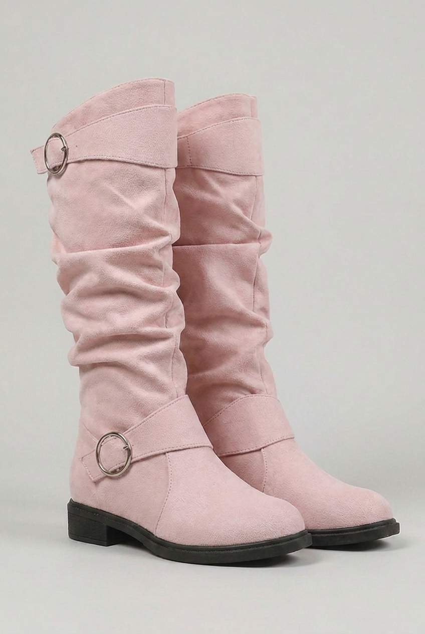 Giselle | Chunky Block Heel Knee High Black Leather Boots — Pink