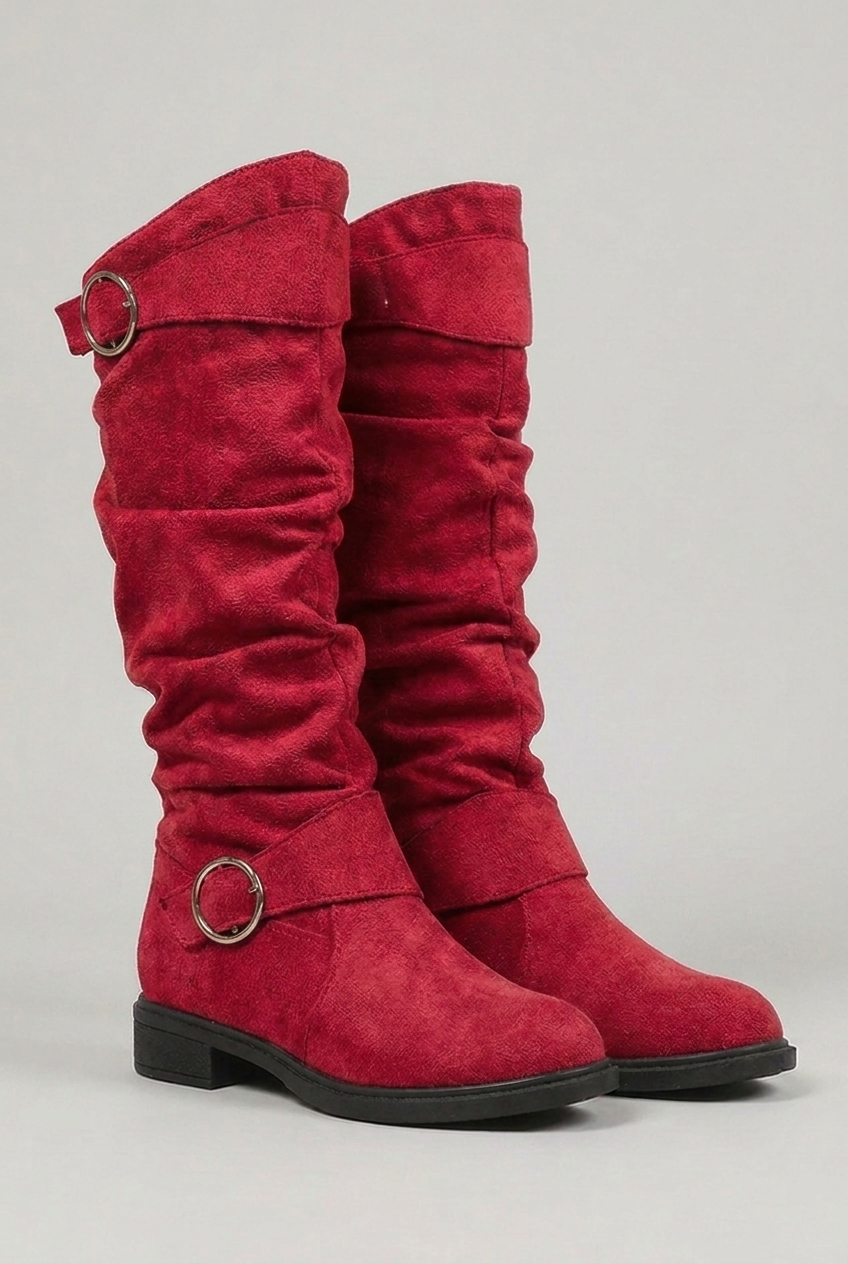 Giselle | Chunky Block Heel Knee High Black Leather Boots — Red