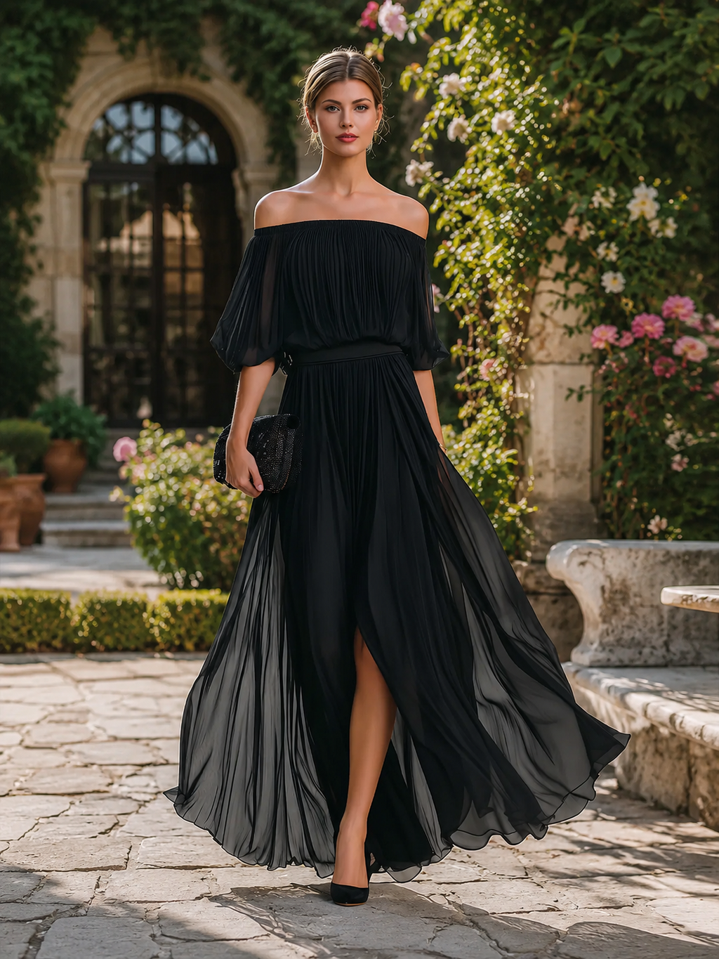 Faustine | Off-Shoulder Pleated Chiffon Maxi Evening Dress