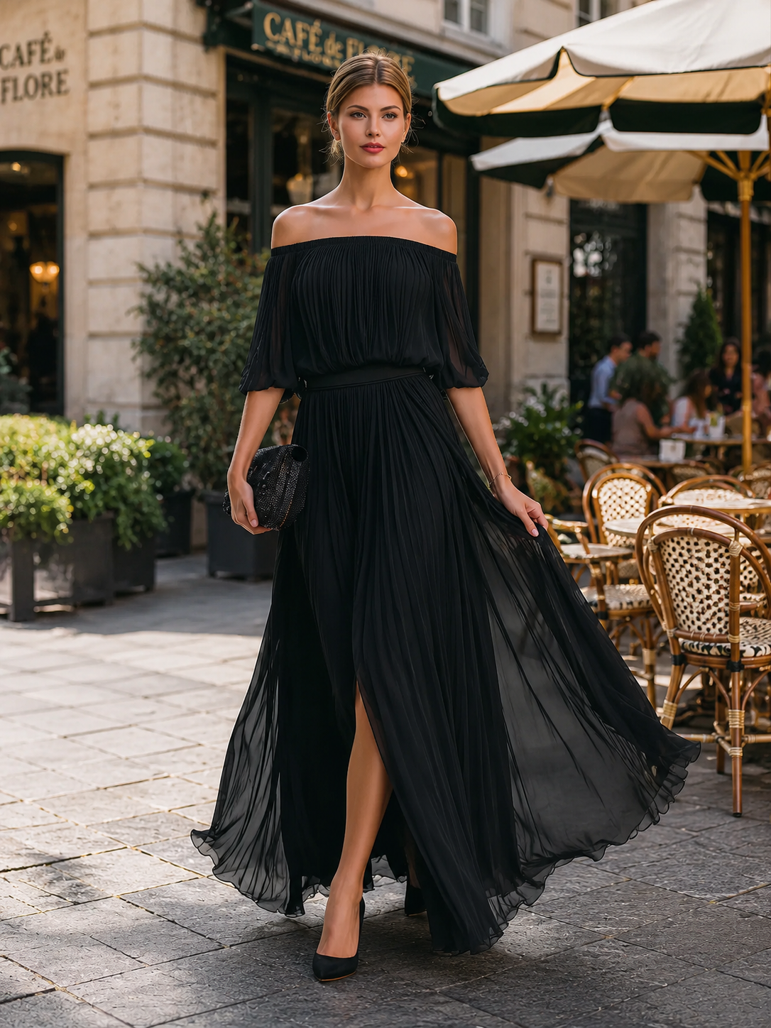 Faustine | Off-Shoulder Pleated Chiffon Maxi Evening Dress