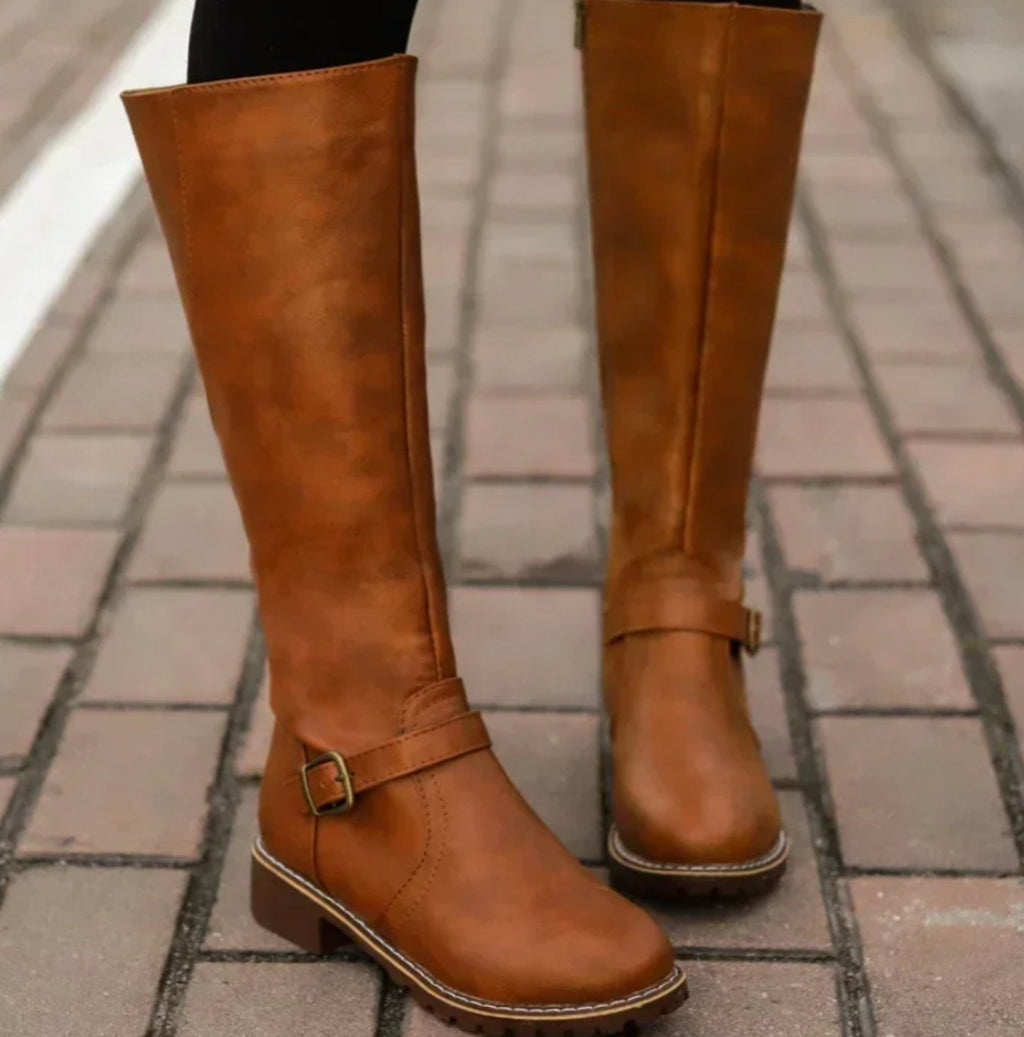Vivienne | Black Leather Knee High Riding Boots With Ankle Strap — Brown