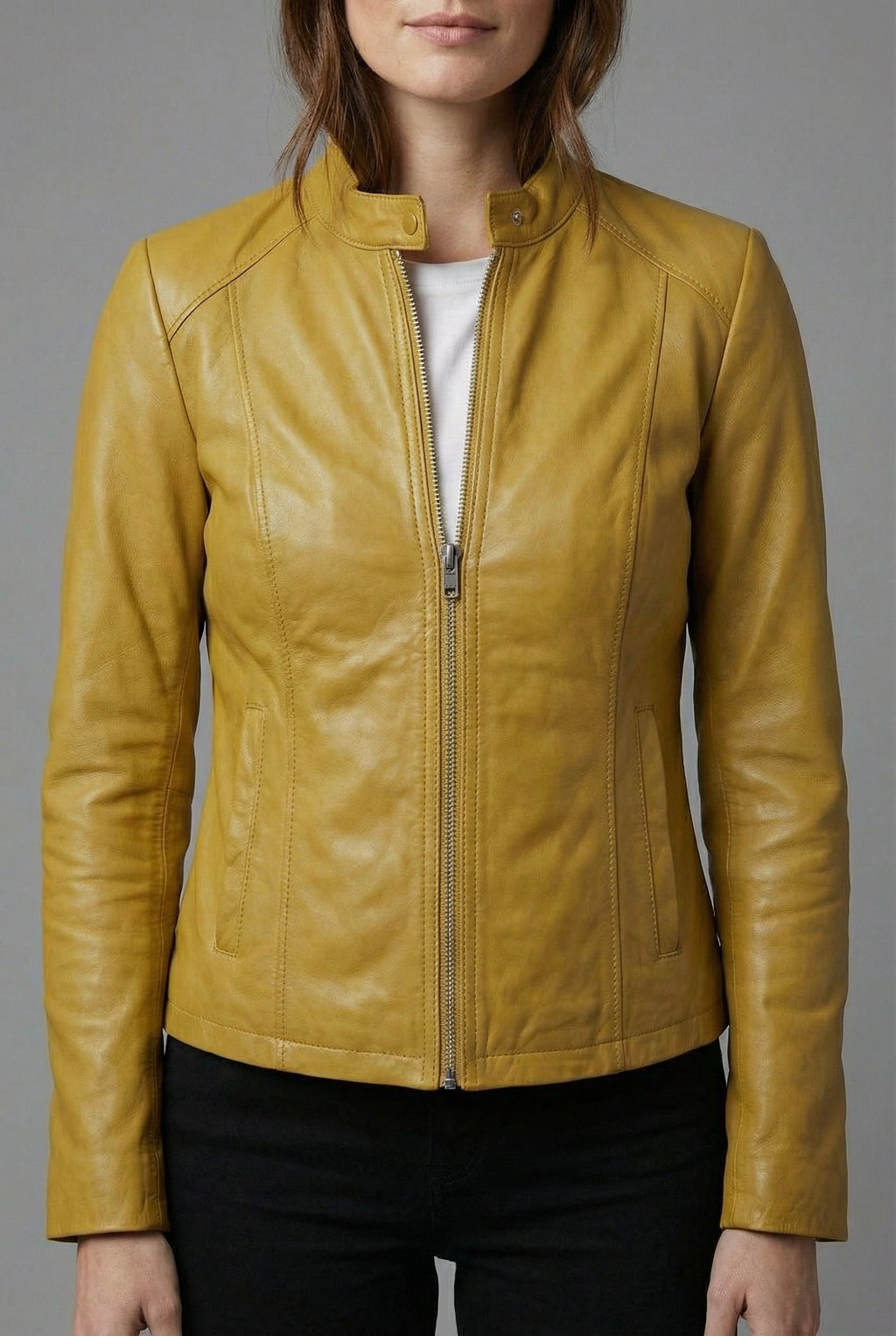 Ninon | Black Leather Biker Bomber Jacket For Every Occasion — Yellow