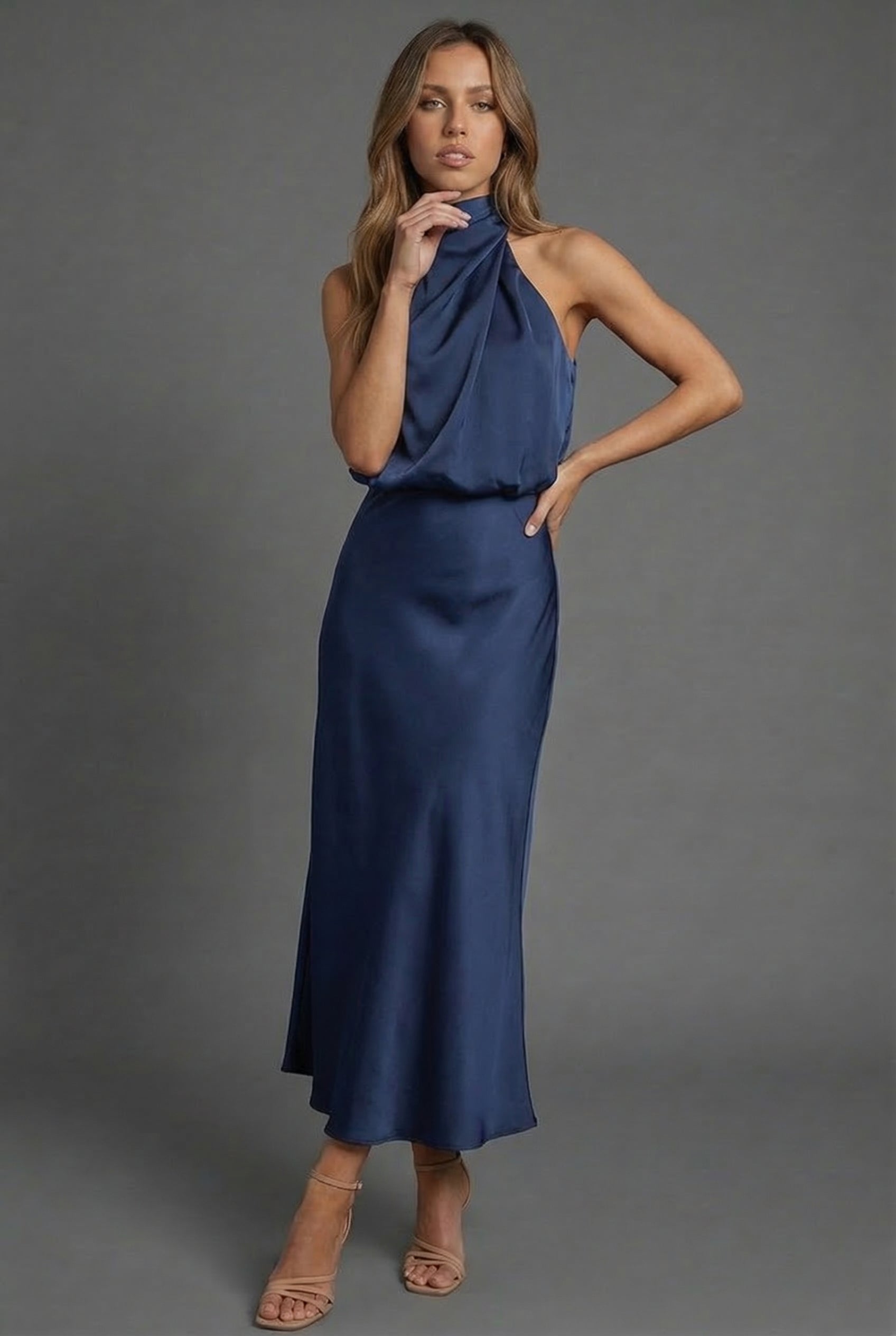 Hermione | Halter Satin Summer Wedding Guest Midi Dress
