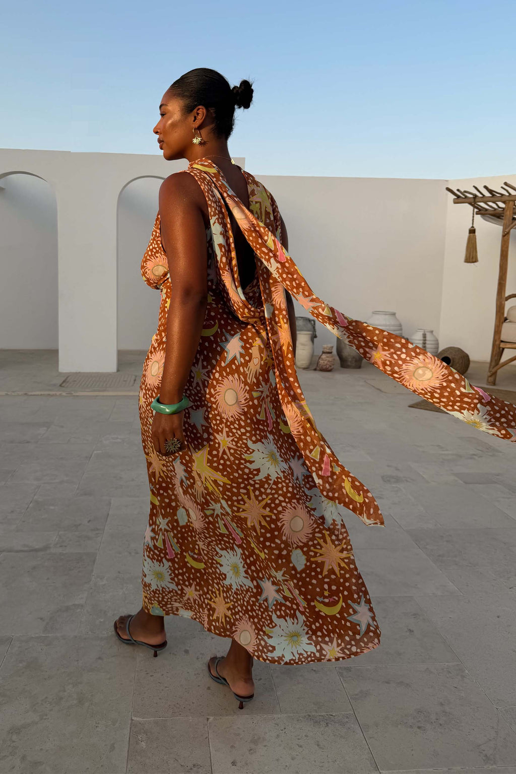 Yolanda | Cowl Neck Halter House Dress Brown Fawn Print