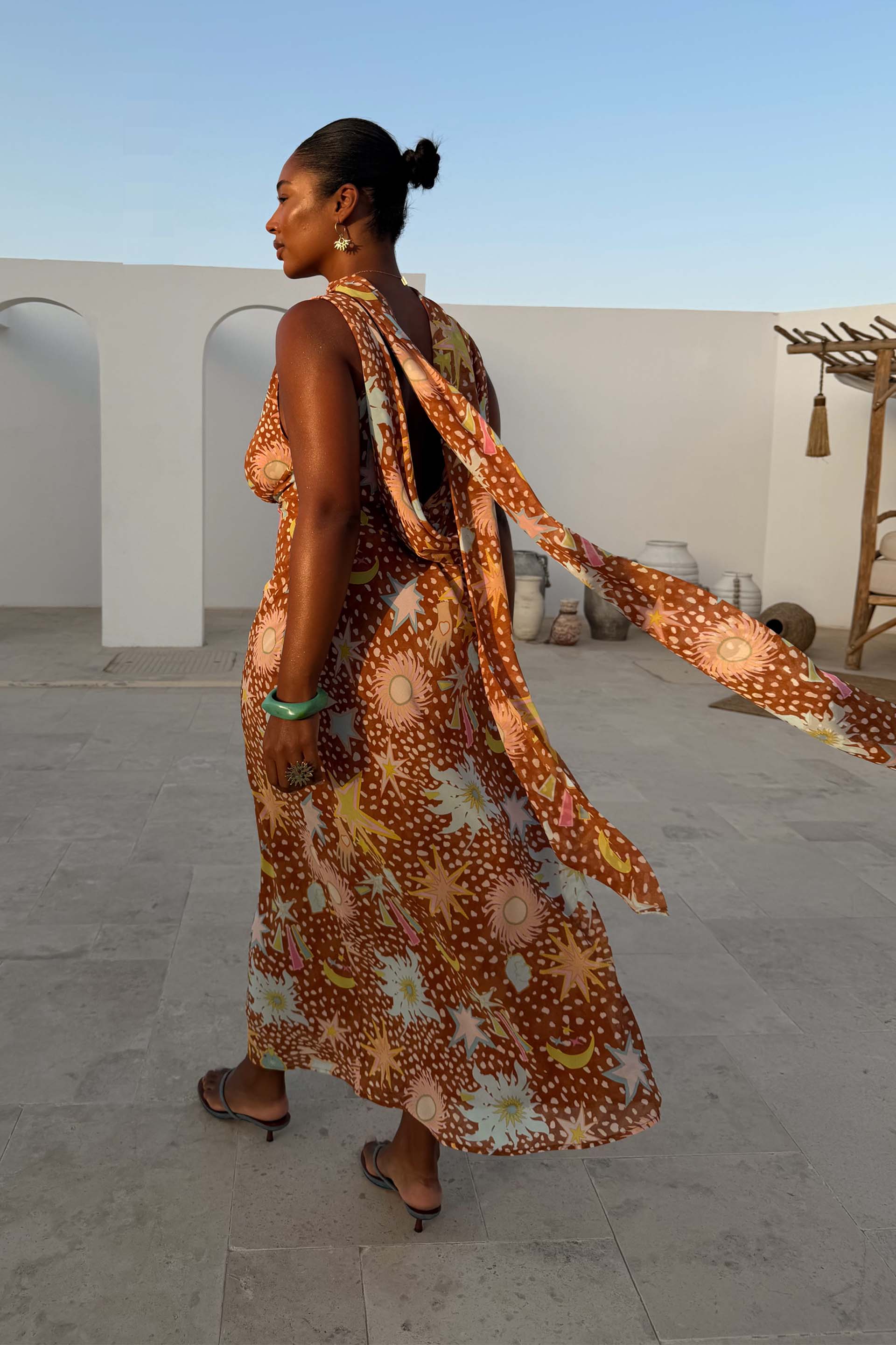 Yolanda | Cowl Neck Halter House Dress Brown Fawn Print