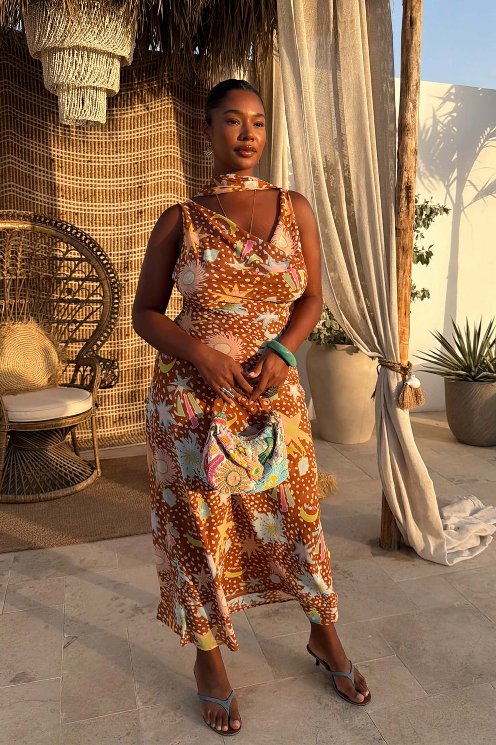Yolanda | Cowl Neck Halter House Dress Brown Fawn Print