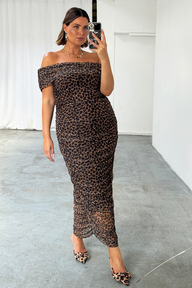 Giselle | Women Leopard Print Mesh Ruched Dress With Slip