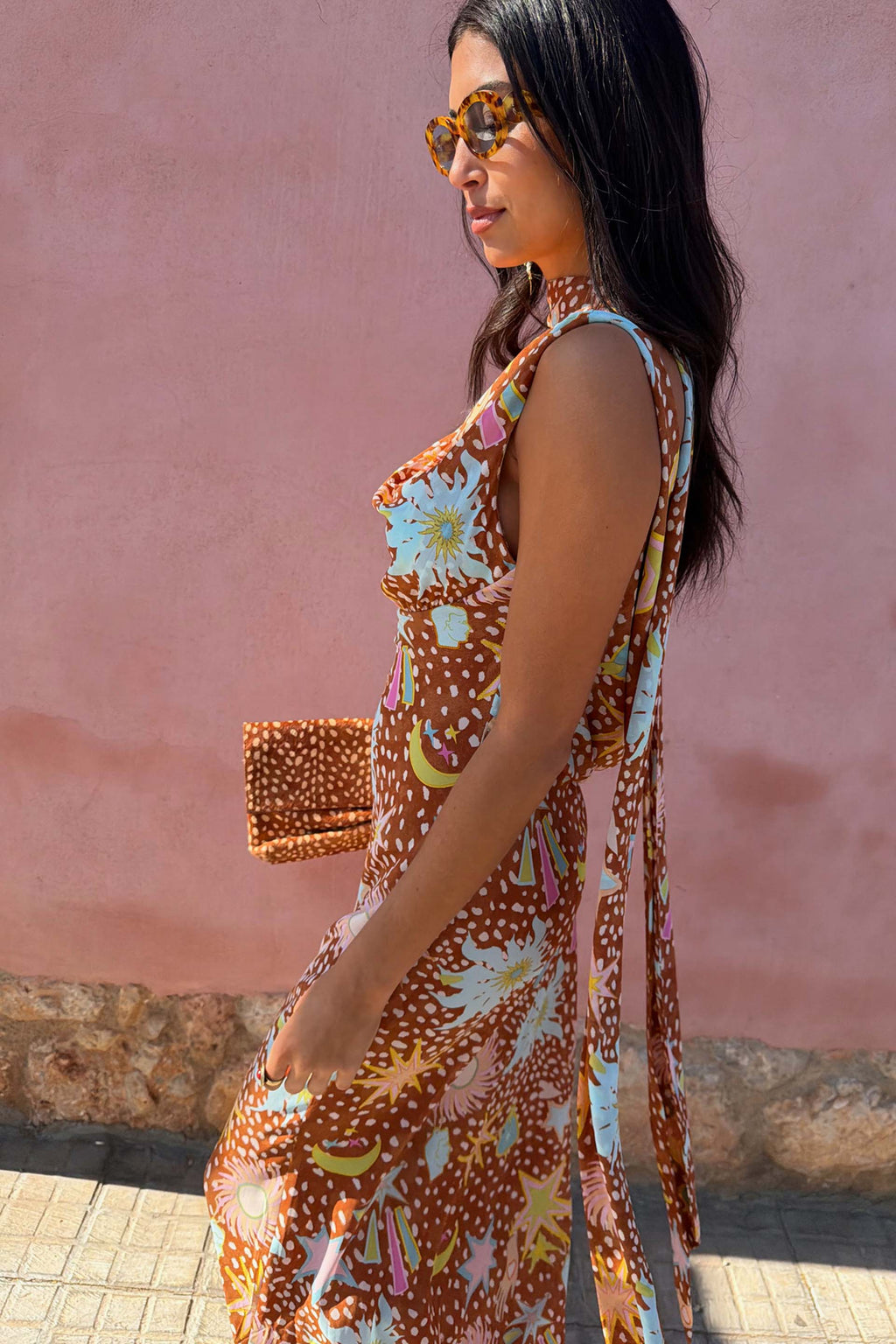 Yolanda | Cowl Neck Halter House Dress Brown Fawn Print