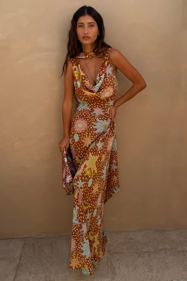 Yolanda | Cowl Neck Halter House Dress Brown Fawn Print