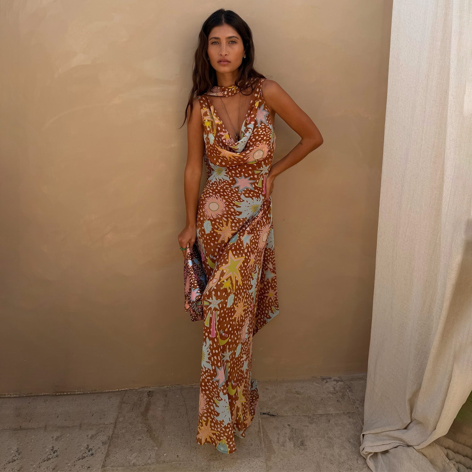 Yolanda | Cowl Neck Halter House Dress Brown Fawn Print