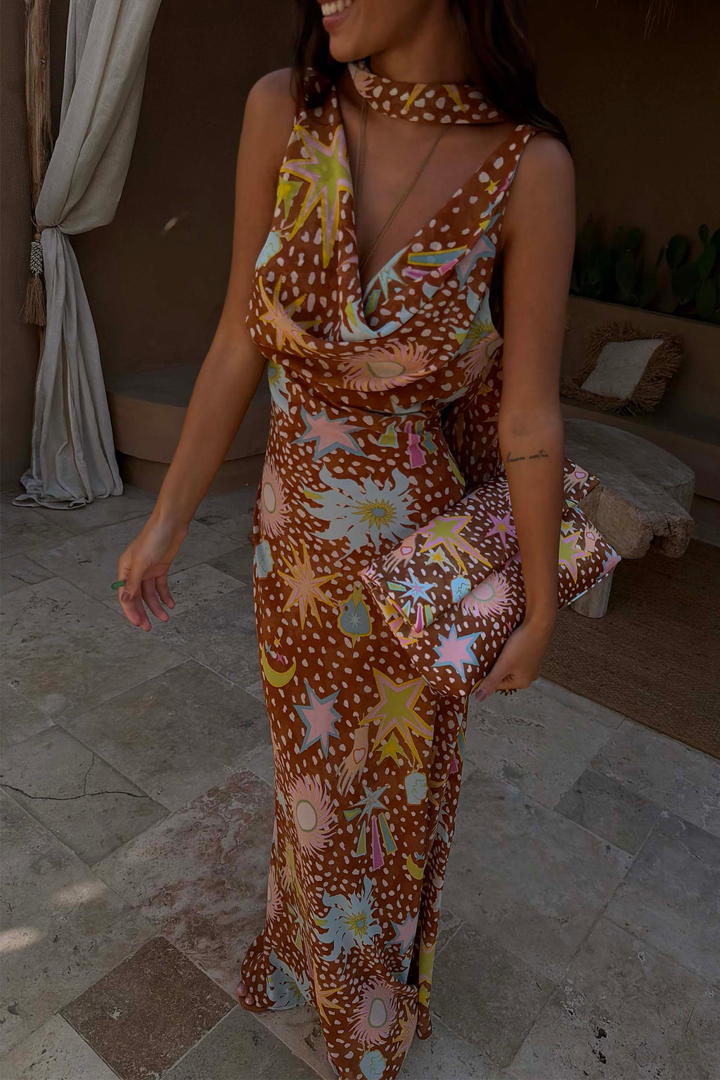 Yolanda | Cowl Neck Halter House Dress Brown Fawn Print