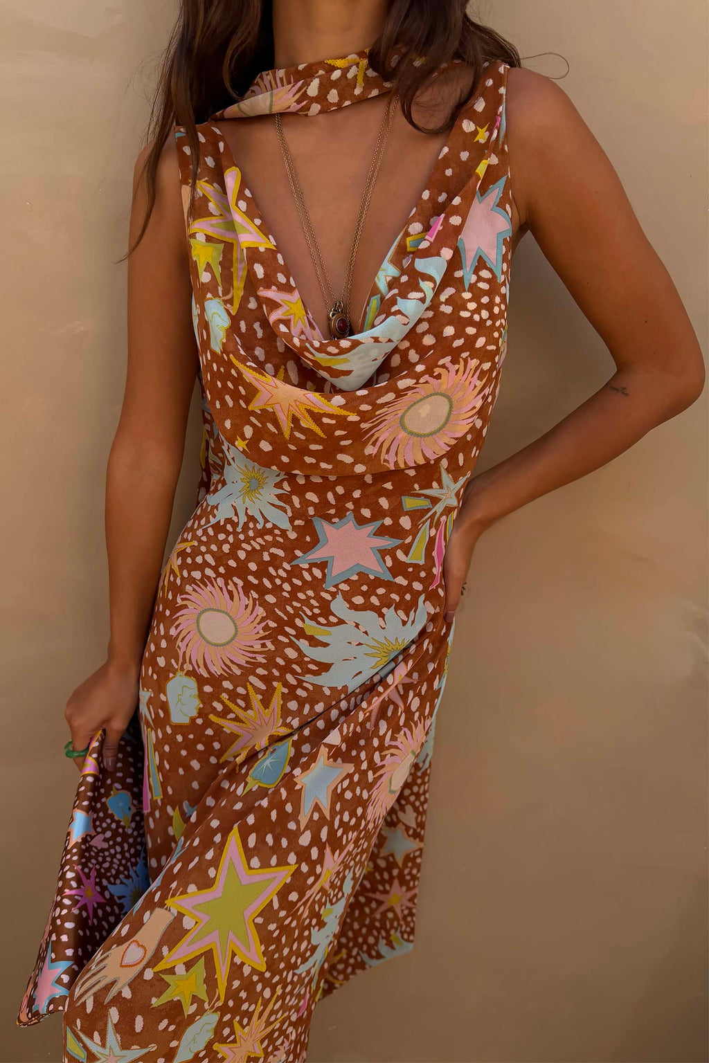 Yolanda | Cowl Neck Halter House Dress Brown Fawn Print