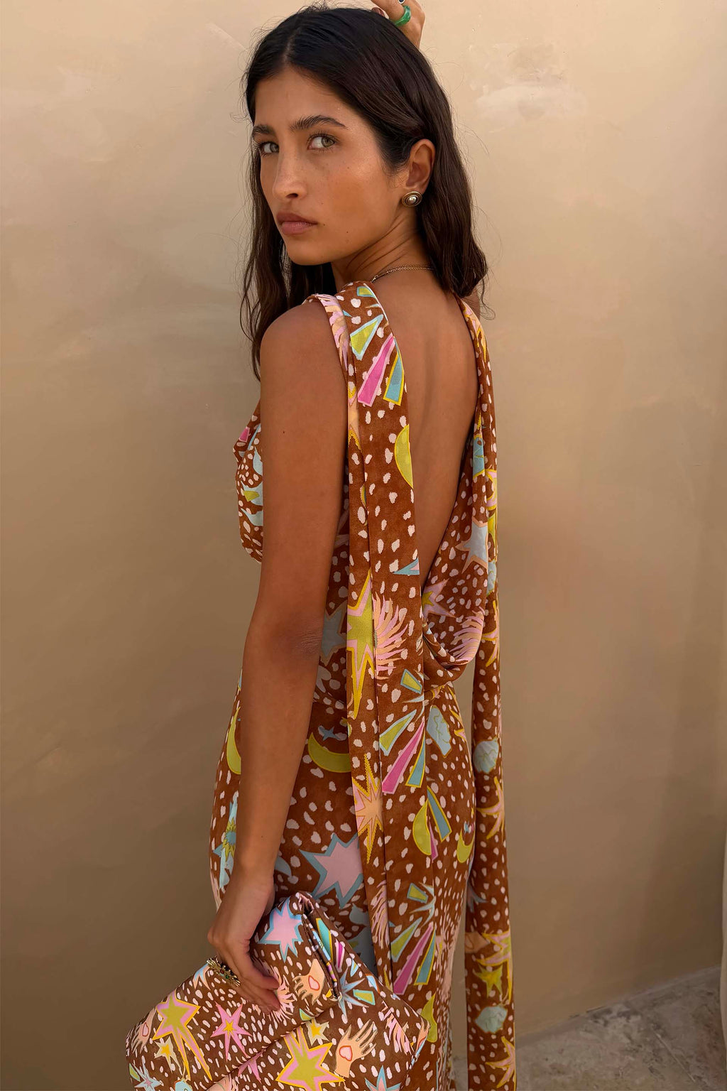 Yolanda | Cowl Neck Halter House Dress Brown Fawn Print