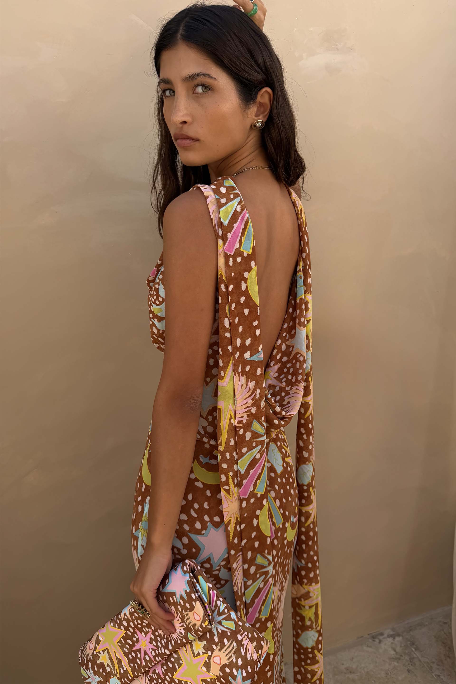 Yolanda | Cowl Neck Halter House Dress Brown Fawn Print