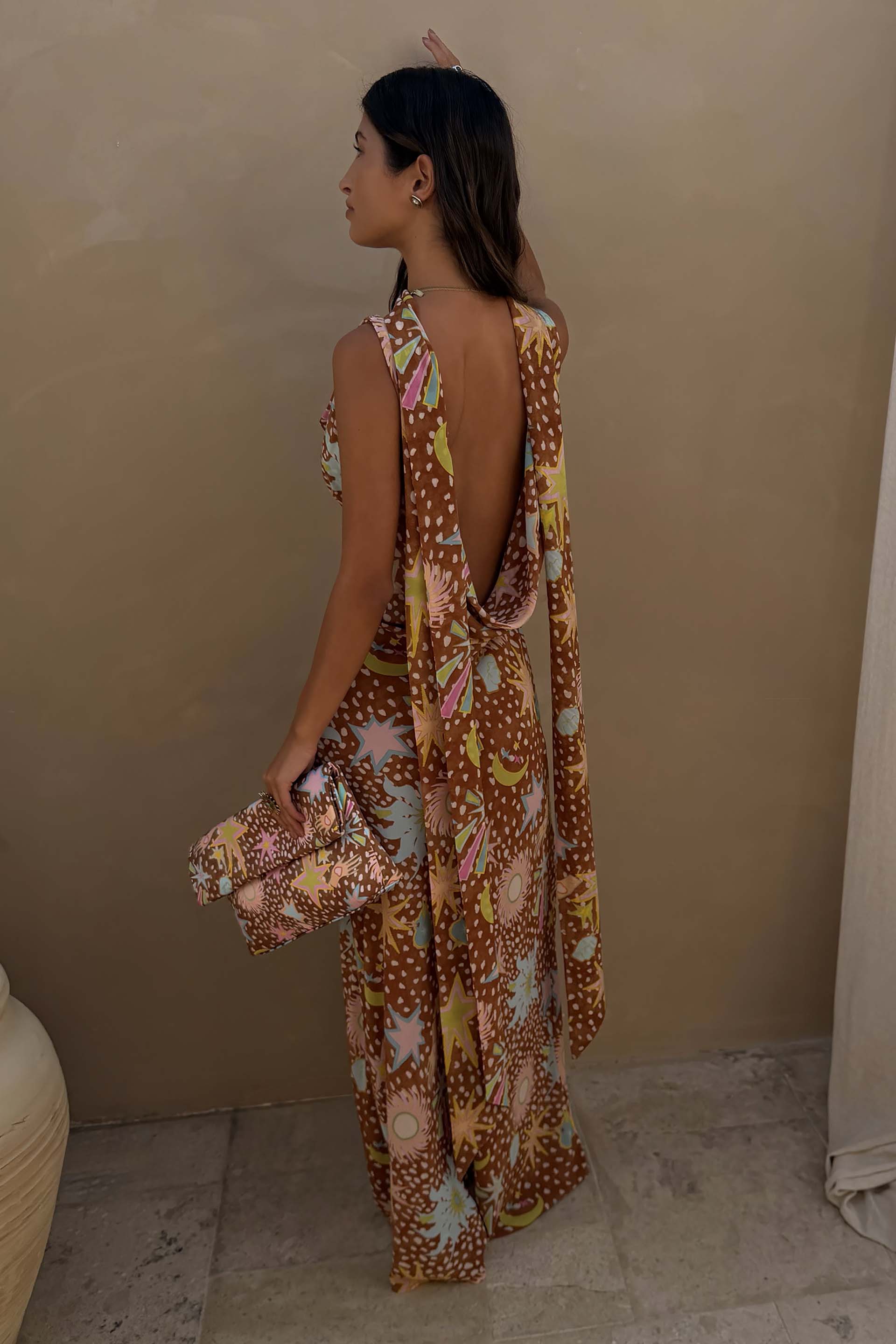 Yolanda | Cowl Neck Halter House Dress Brown Fawn Print
