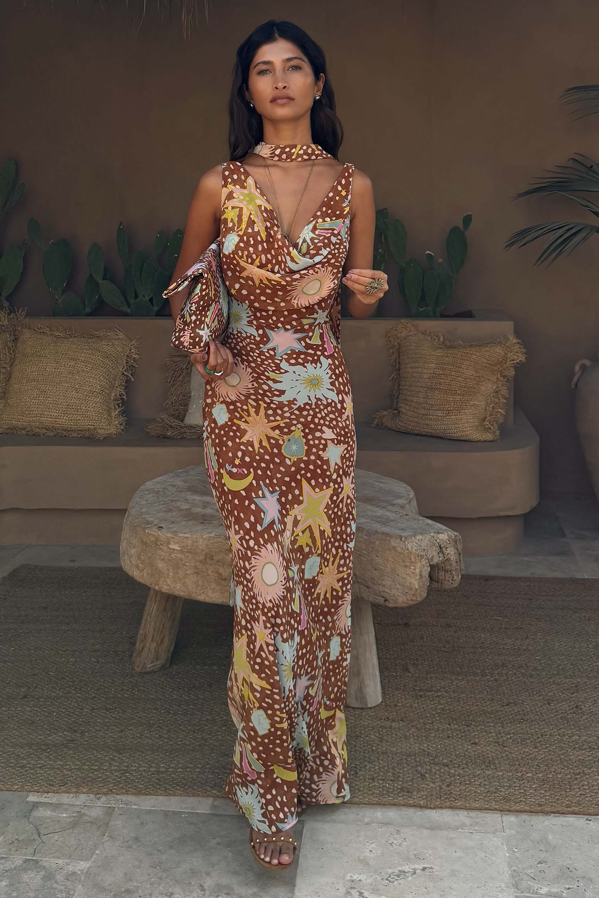 Yolanda | Cowl Neck Halter House Dress Brown Fawn Print