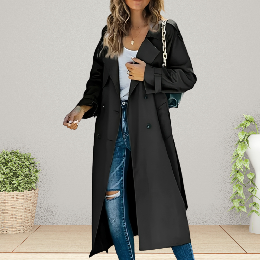 Constance | Double Breasted Wool Camel Classic Trench Coat — Black