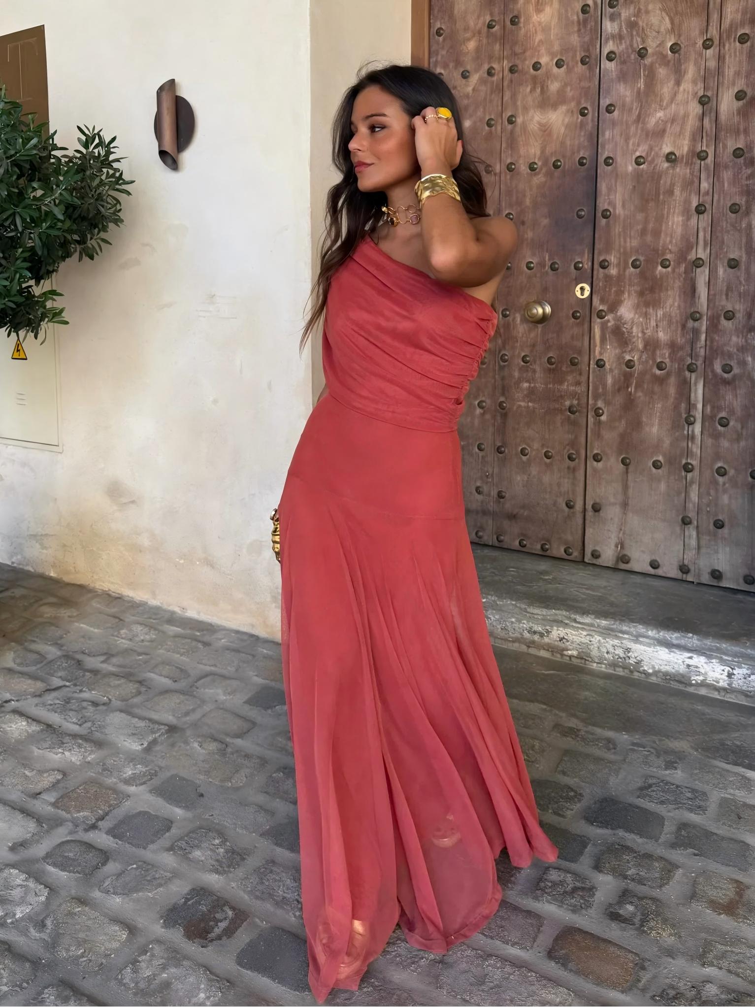 Iliana | One Shoulder Mesh Maxi Dress Wedding Guest