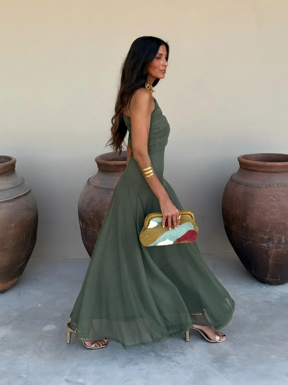 Iliana | One Shoulder Mesh Maxi Dress Wedding Guest