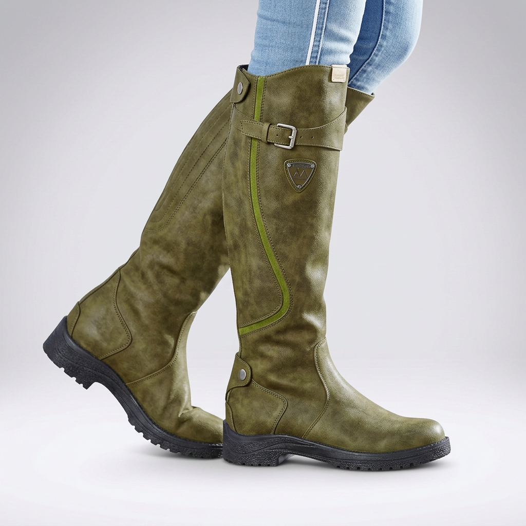 Penelope | Wide Fit Platform Knee High Boots Black Leather — Green