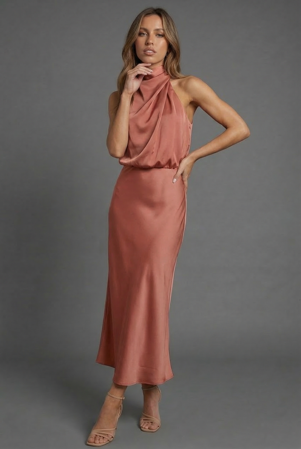 Hermione | Halter Satin Summer Wedding Guest Midi Dress