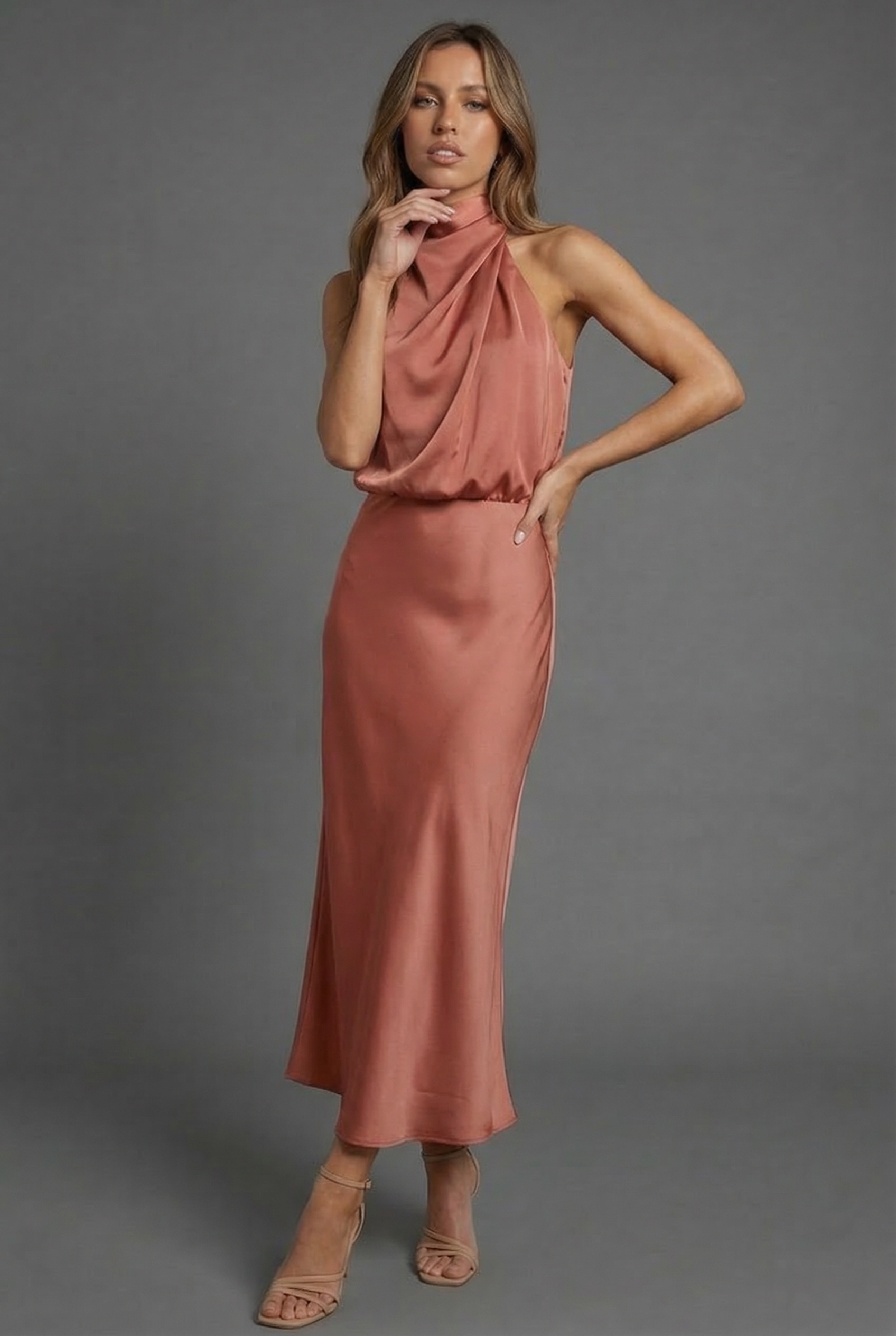 Hermione | Halter Satin Summer Wedding Guest Midi Dress