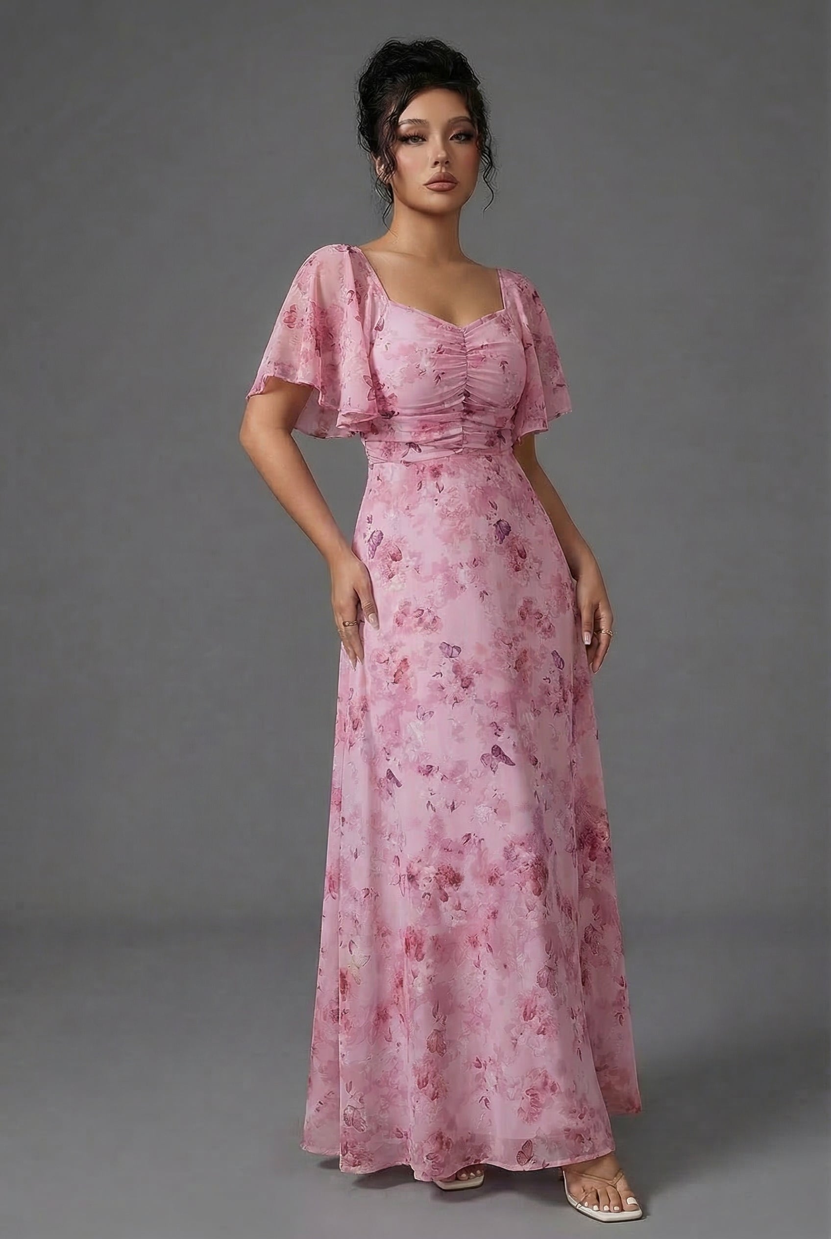 Fleur | Floral Bridesmaid Dresses Maxi Flutter Sleeve Chiffon