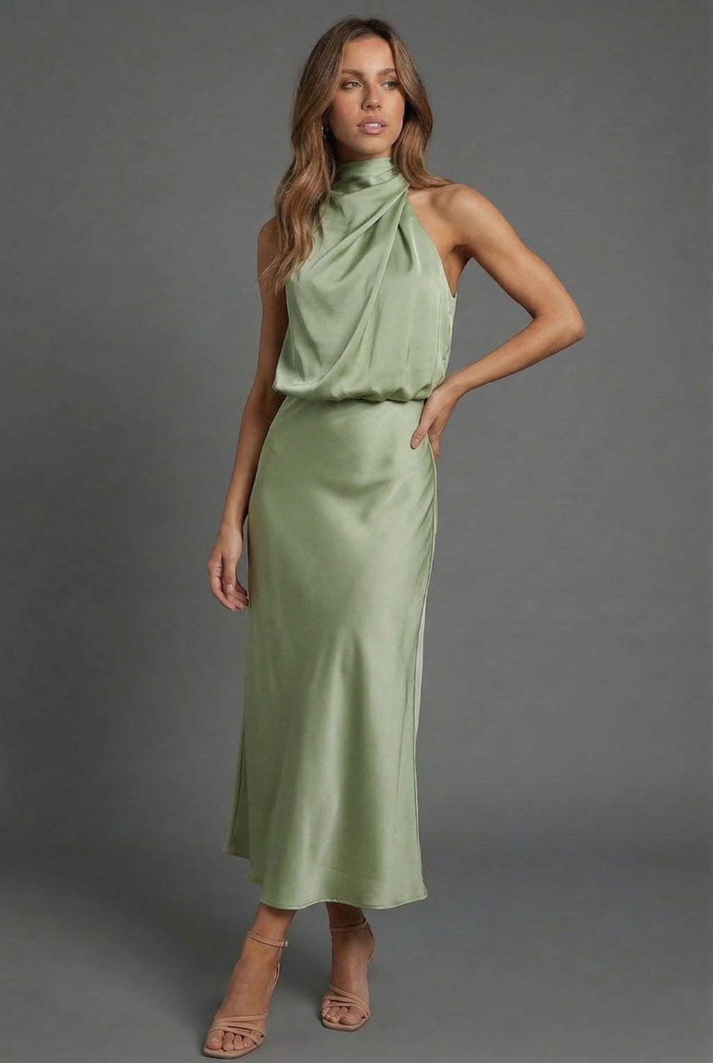 Hermione | Halter Satin Summer Wedding Guest Midi Dress
