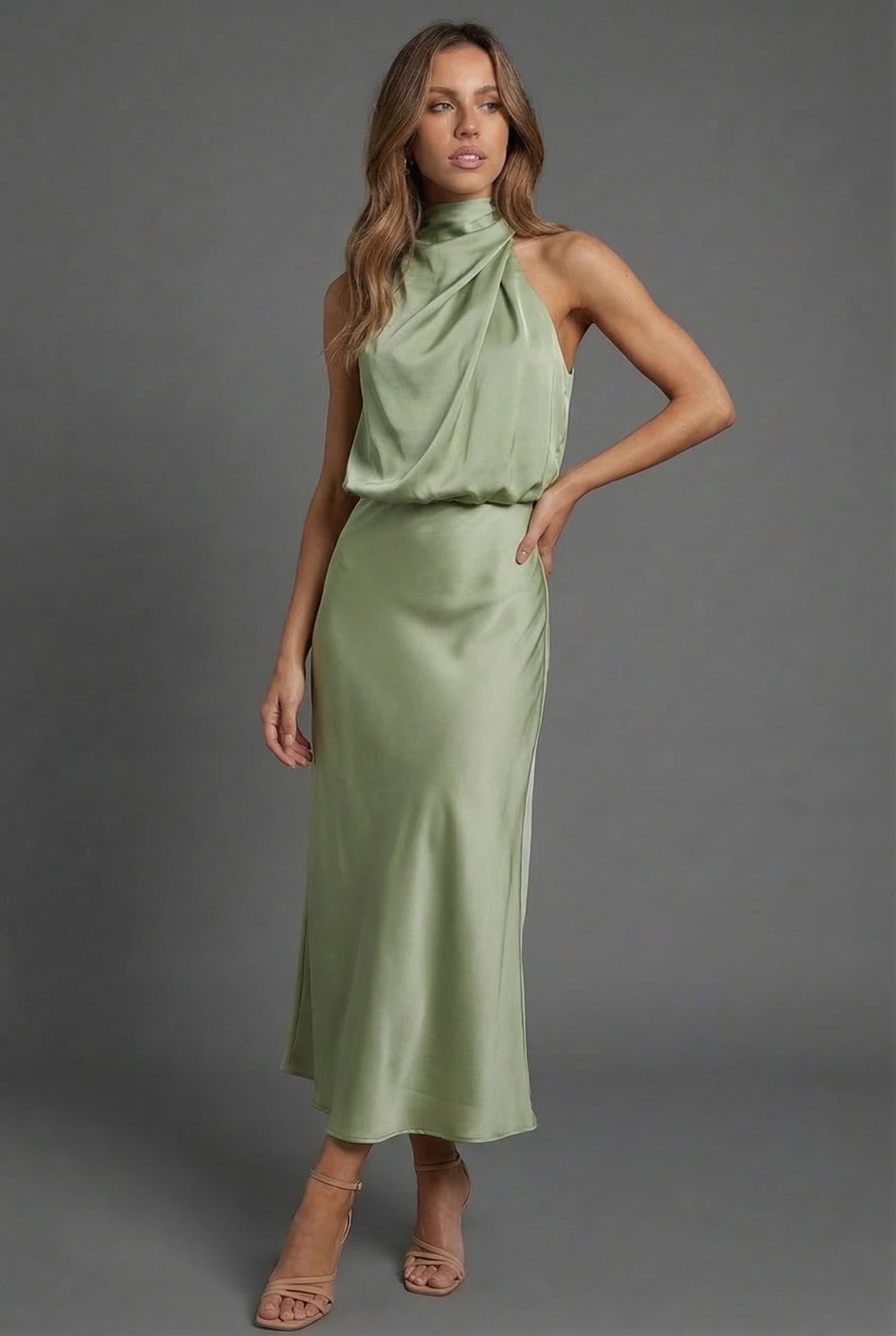 Hermione | Halter Satin Summer Wedding Guest Midi Dress