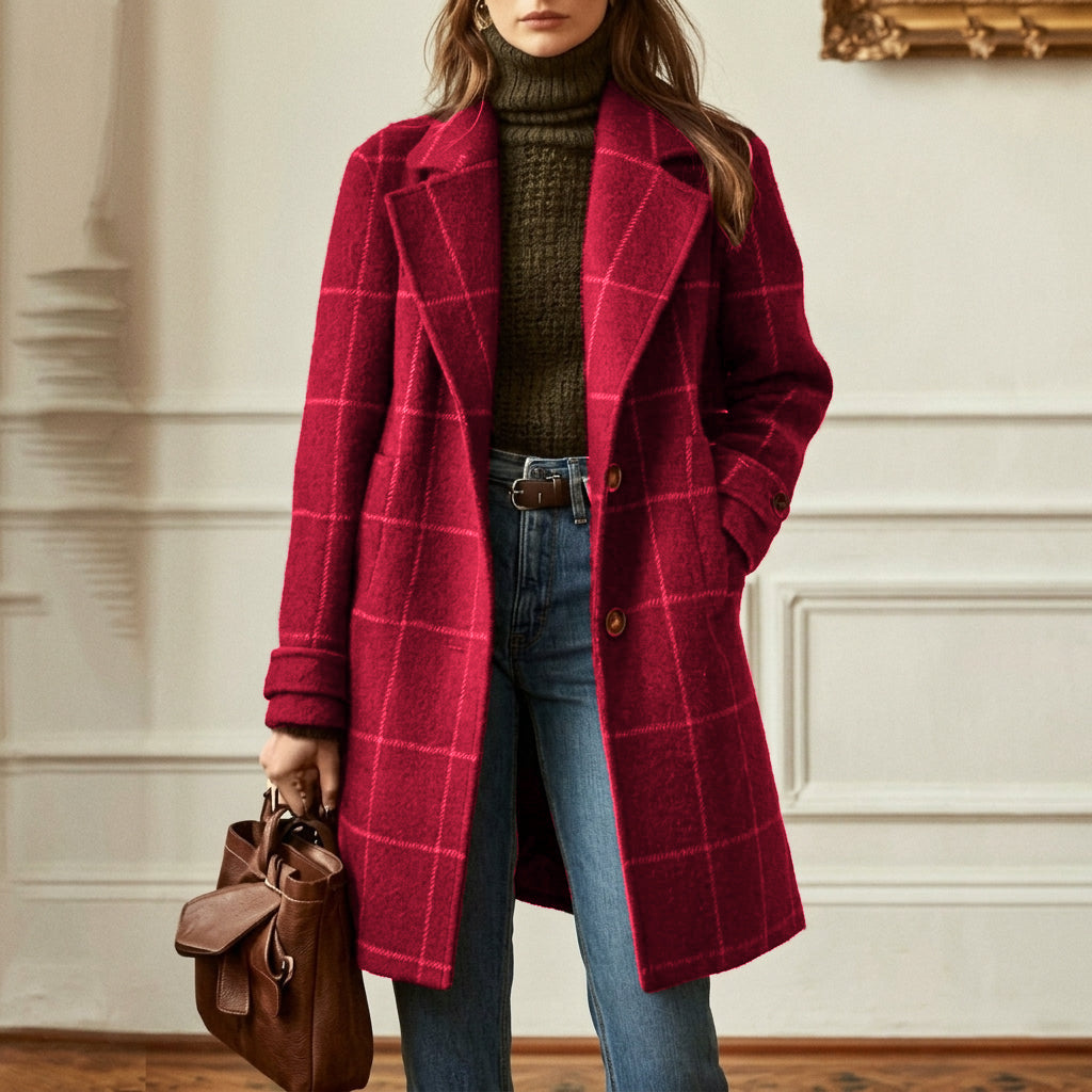 Fleur | Classic Notched Lapel Wool Blend Tailored Coat — Wine Red