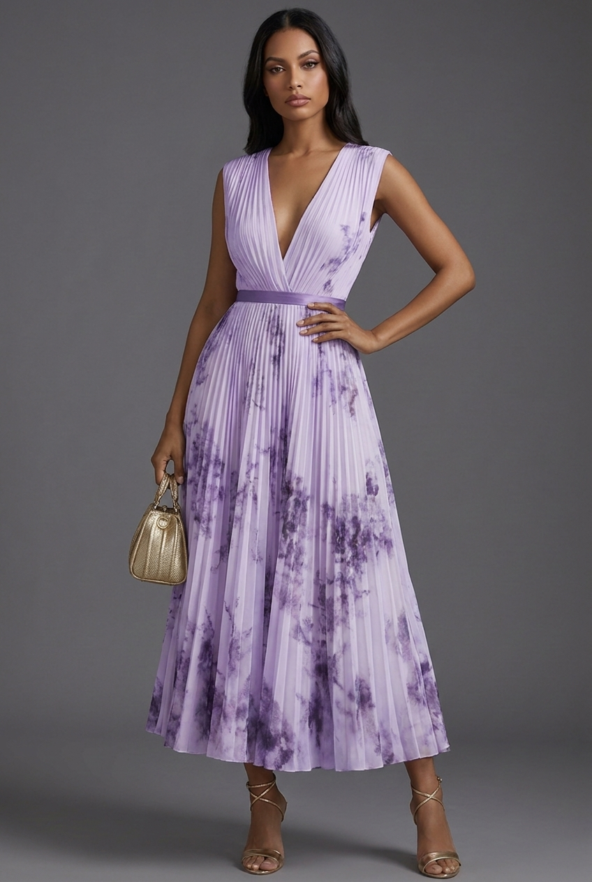 Rosaline | Floral Pleated V-Neck Midi Bridesmaid Dresses