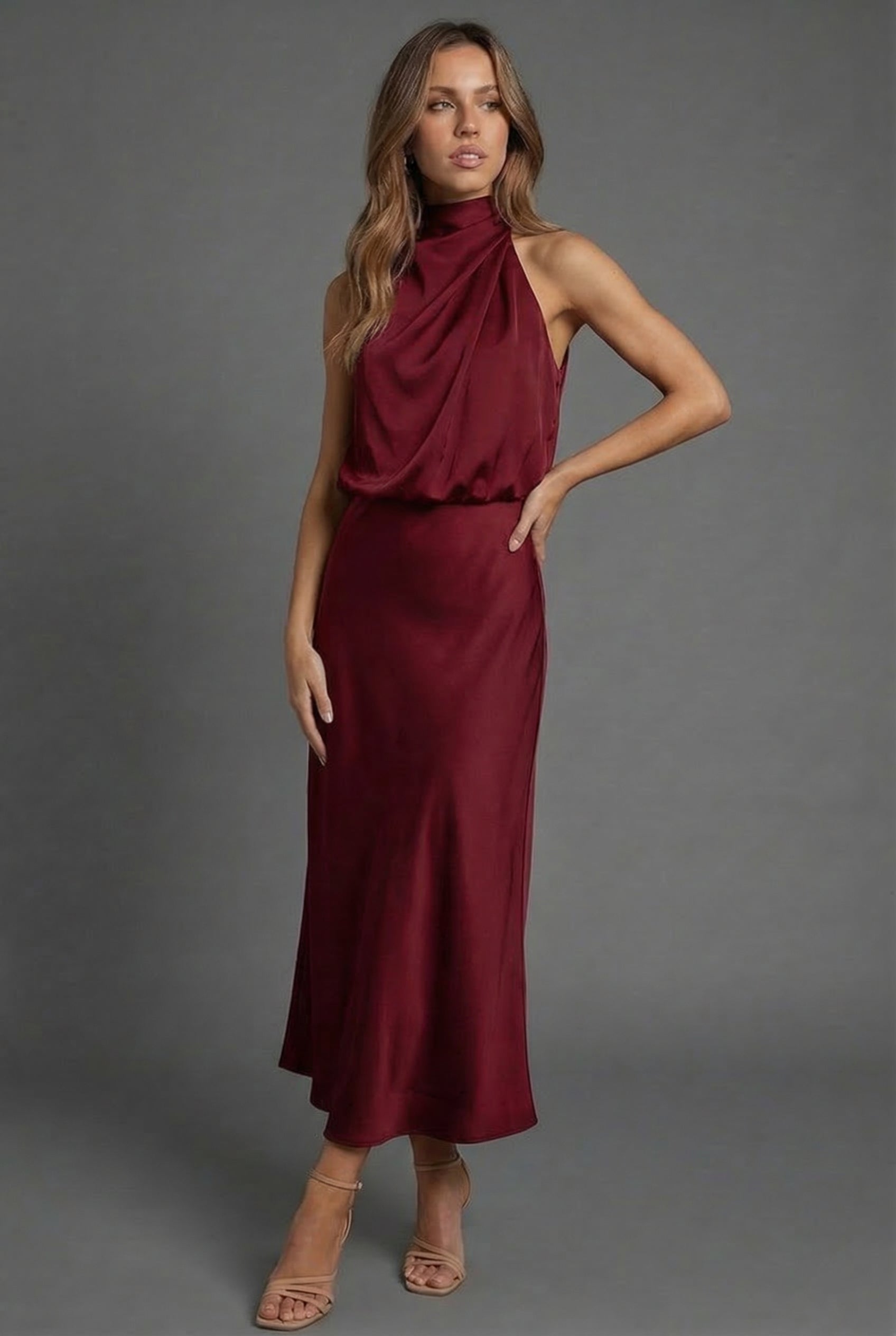 Hermione | Halter Satin Summer Wedding Guest Midi Dress
