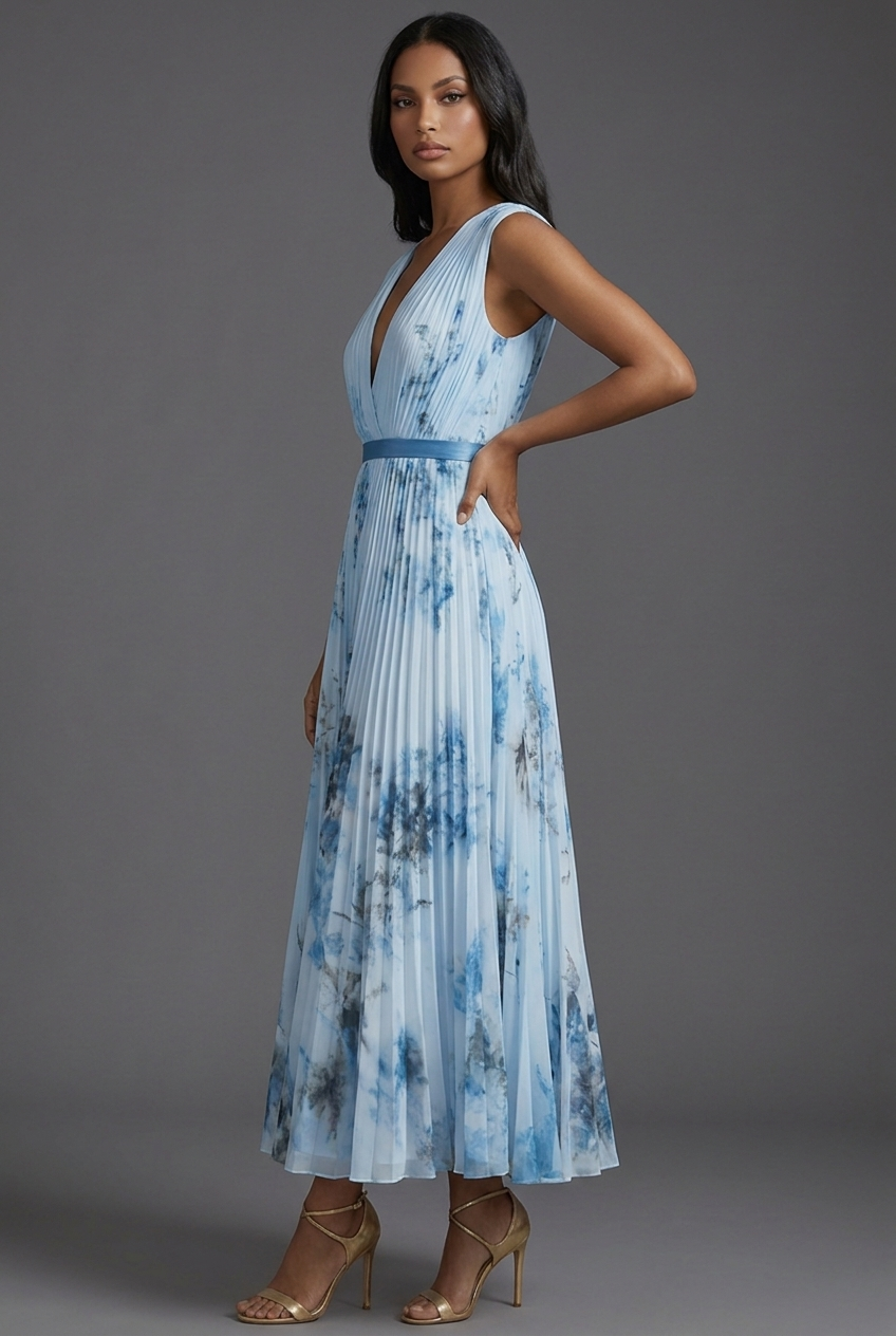 Rosaline | Floral Pleated V-Neck Midi Bridesmaid Dresses