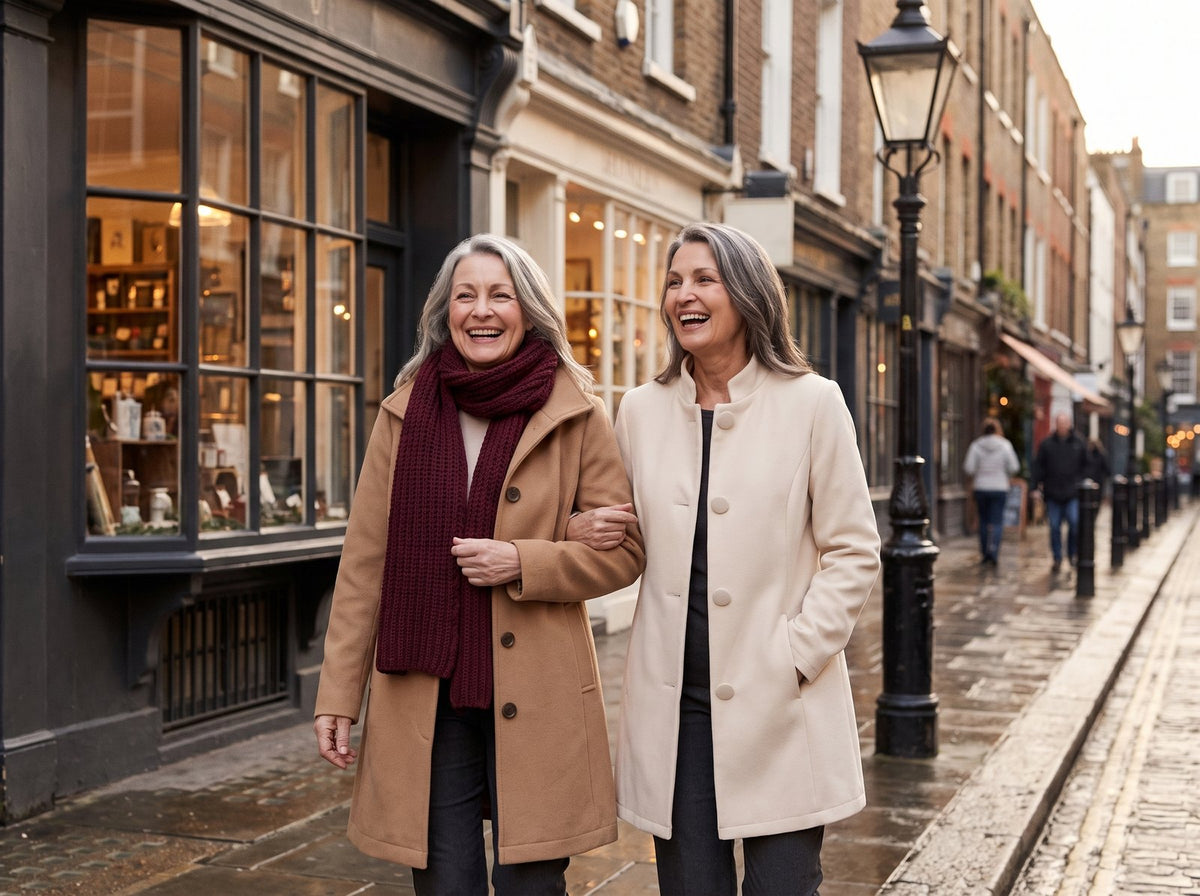Two friends in wool coats laughing on a London street