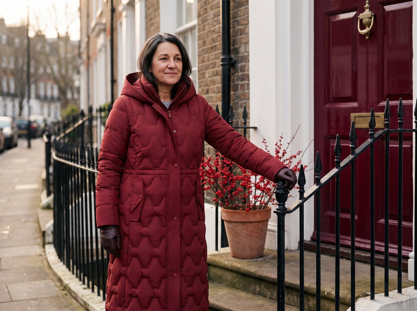 Dark red quilted coat beside a burgundy front door