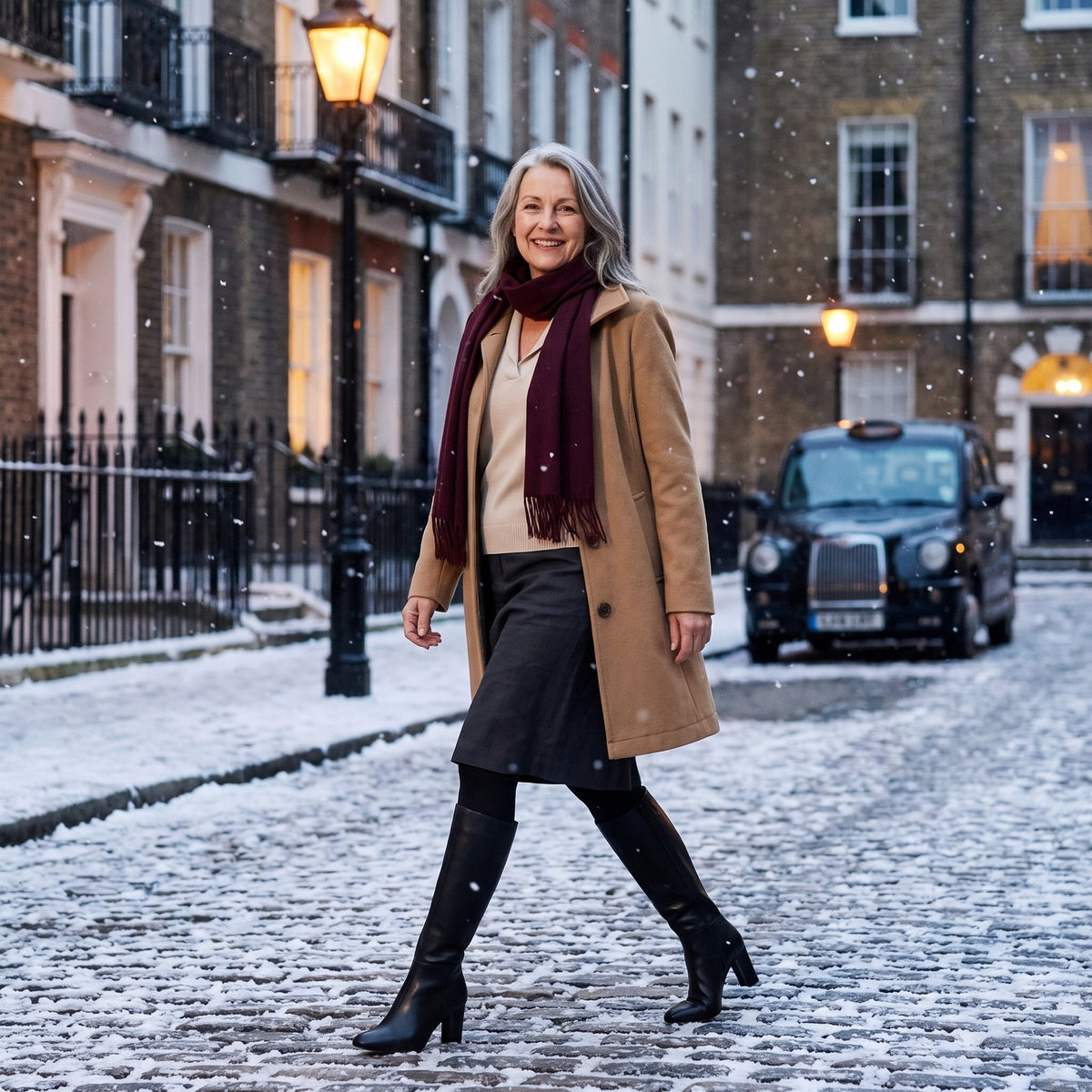 Woman in a camel wool coat, cream jumper and black knee high boots crossing a snowy London street