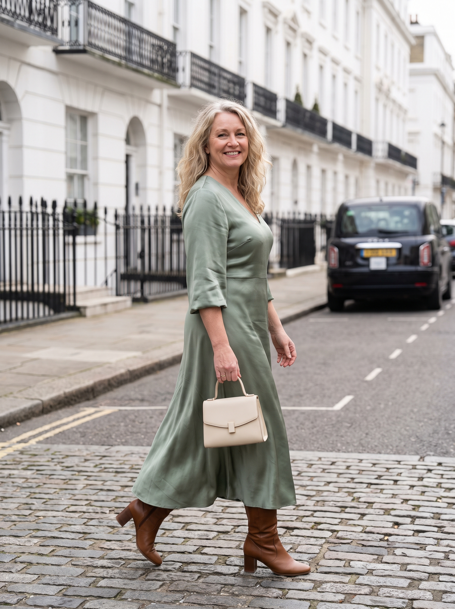 Confident woman in an elegant dress on a London street