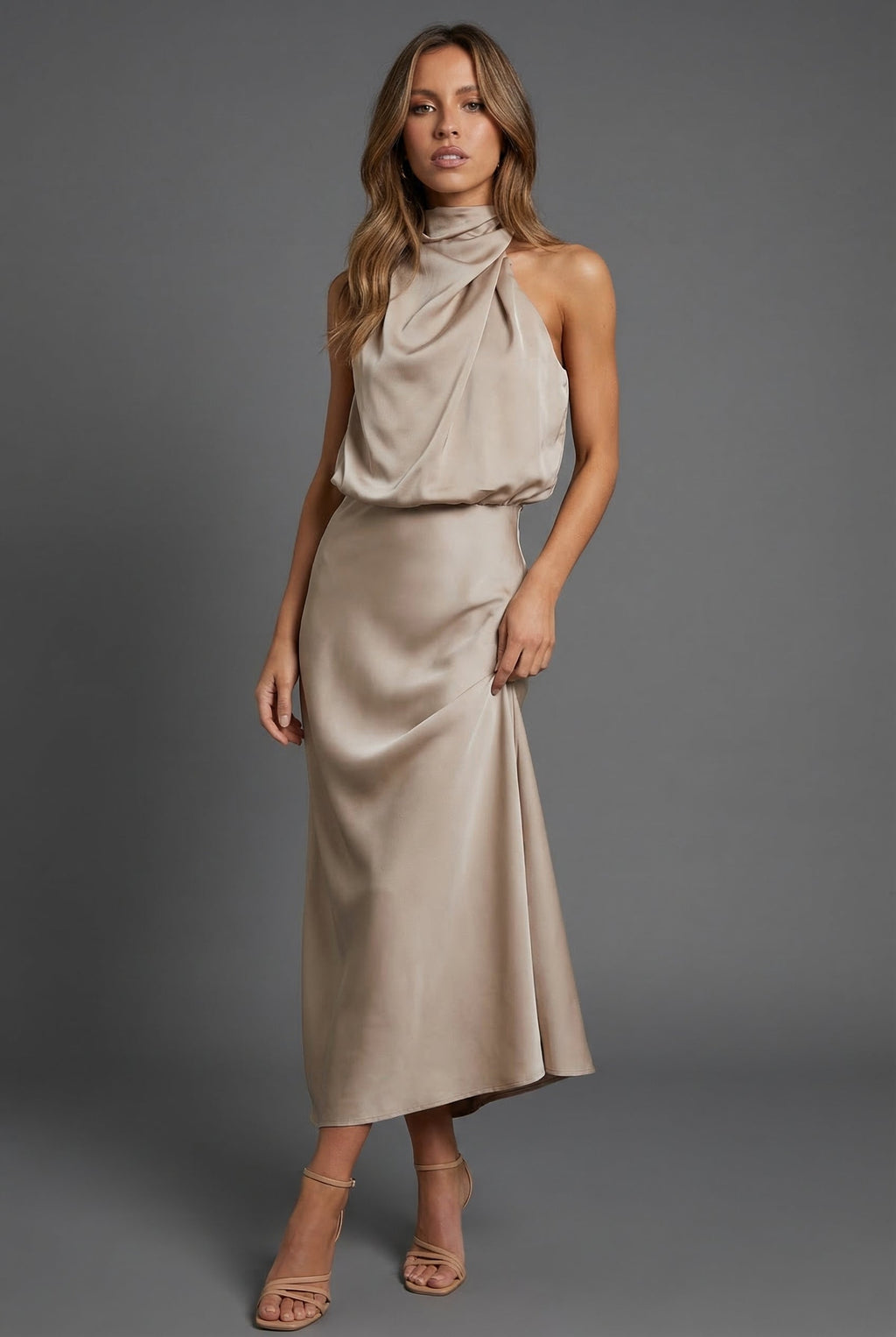 Hermione | Halter Satin Summer Wedding Guest Midi Dress
