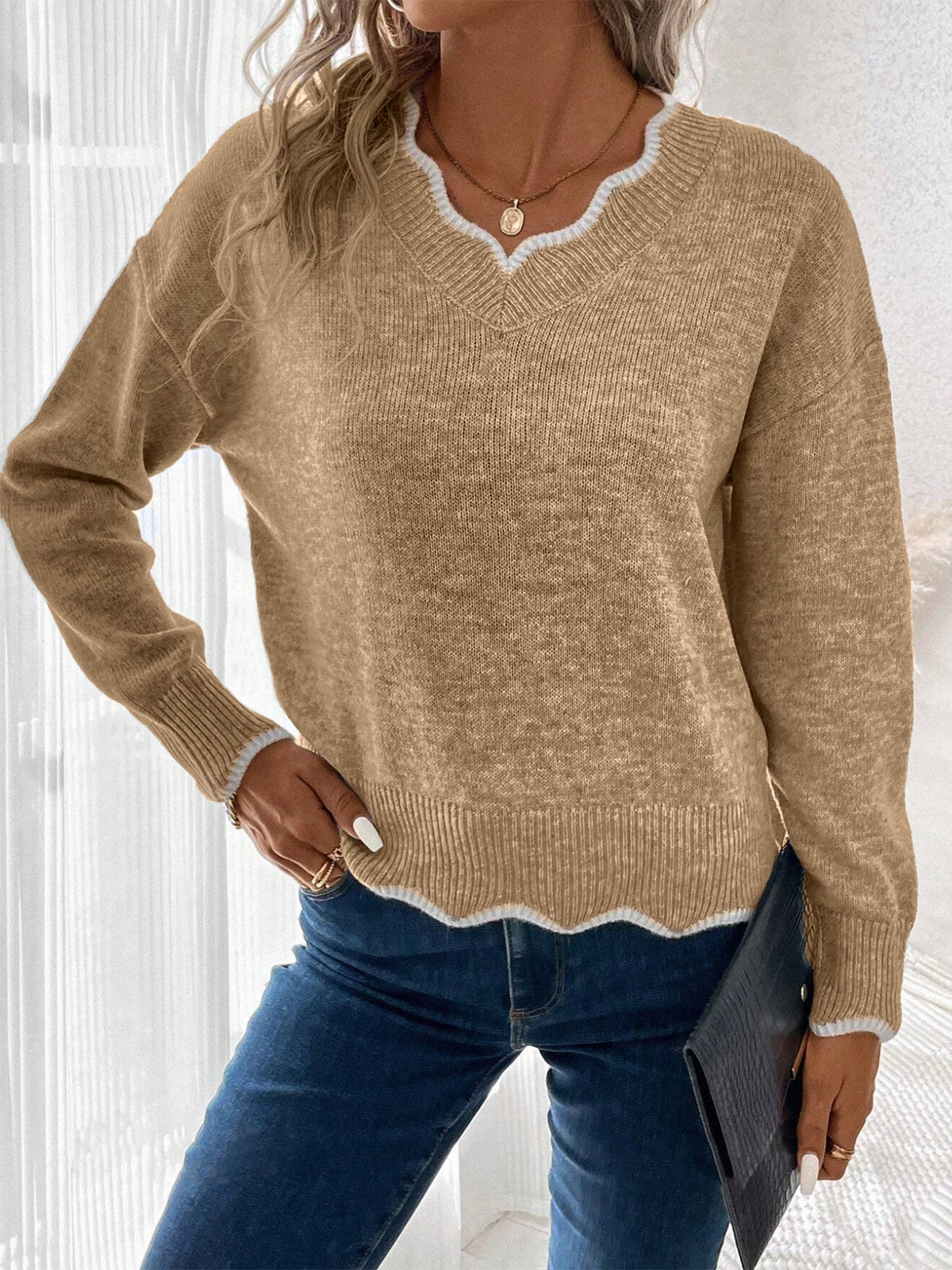 Clemence | Beige White Sleeveless Roll V Neck Knit Jumper Sweater — Khaki